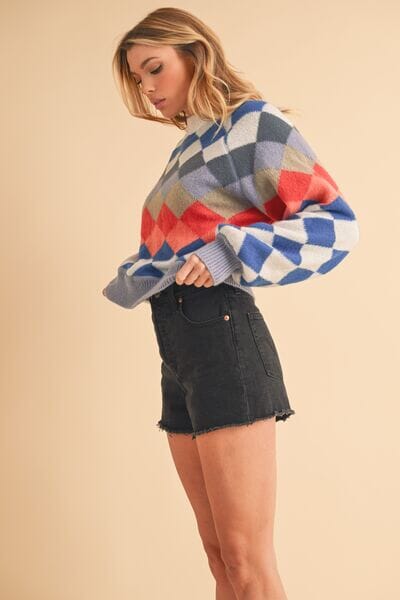 Aemi + Co Diamond Mock Neck Raglan Sleeve Sweater - Sydney So Sweet