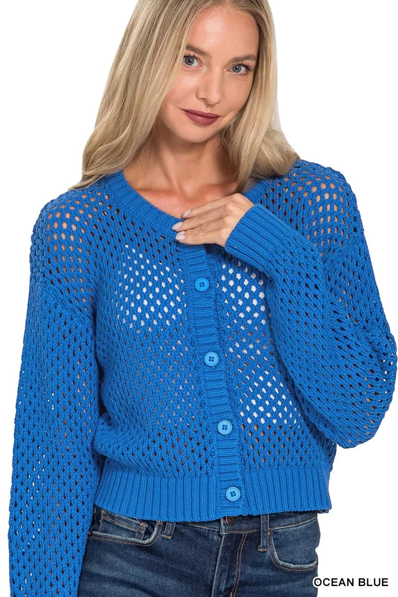 Zenana Button Down Lightweight Crochet Cardigan Sweater - Sydney So Sweet