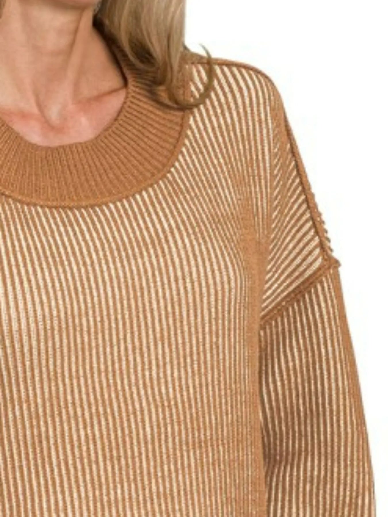 Zenana Exposed Seam Two Tone Ribbed Sweater - Sydney So Sweet