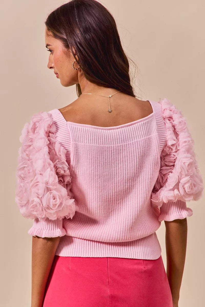 SO ME Rosette Sleeves Square Neck Sweater Knit Top - Sydney So Sweet