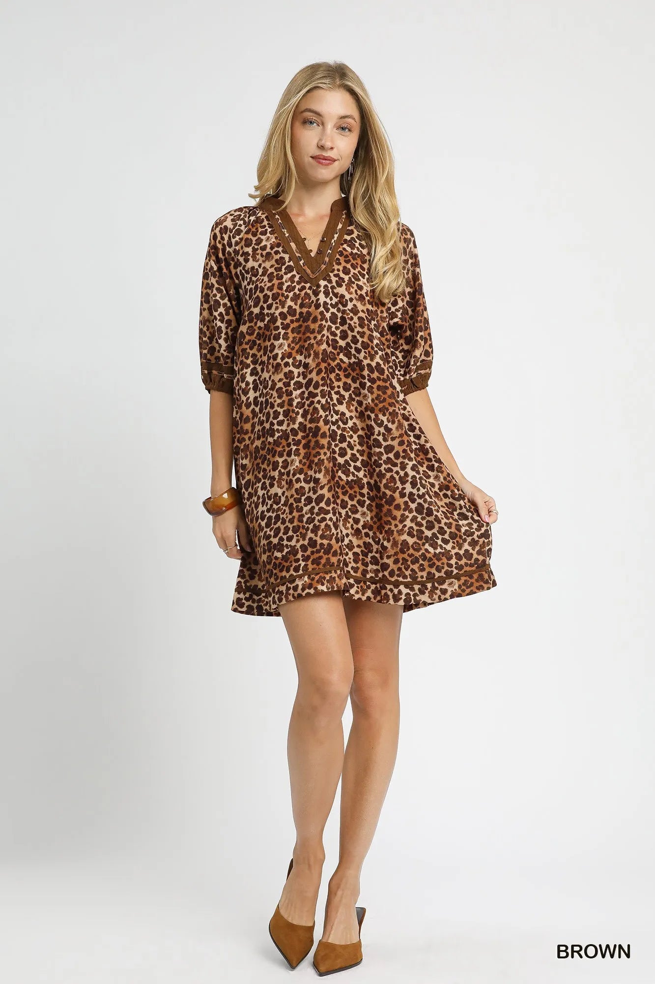 Umgee Full Size Leopard Print Mini Dress with Contrast Trim Plus Size - Sydney So Sweet