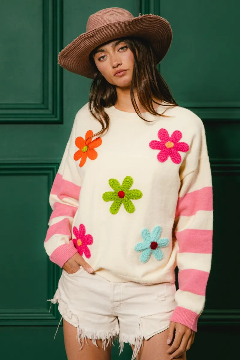 BiBi Colorful Floral Patched Sweater with Striped Sleeve - Sydney So Sweet