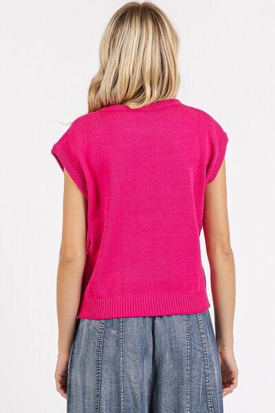 Mittoshop Contrast Letter Round Neck Cap Sleeve Knit Top - Sydney So Sweet