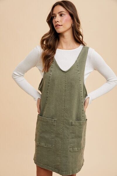 Annie Wear V-Neck Adjustable Strap Denim Overall Dress with Pockets - Sydney So Sweet