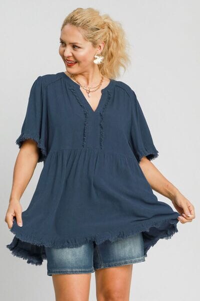 Umgee Full Size Raw Hem Notched Babydoll Linen Blouse Plus Size - Sydney So Sweet