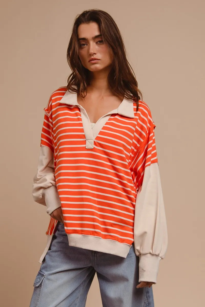BiBi Stripe Knit Loose Fit Top With Cut Edge Detail - Sydney So Sweet