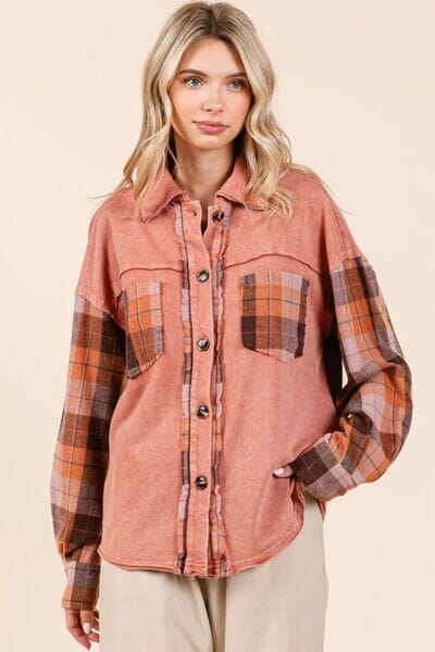 Mittoshop Button Down Contrast Plaid Patchwork Shacket - Sydney So Sweet