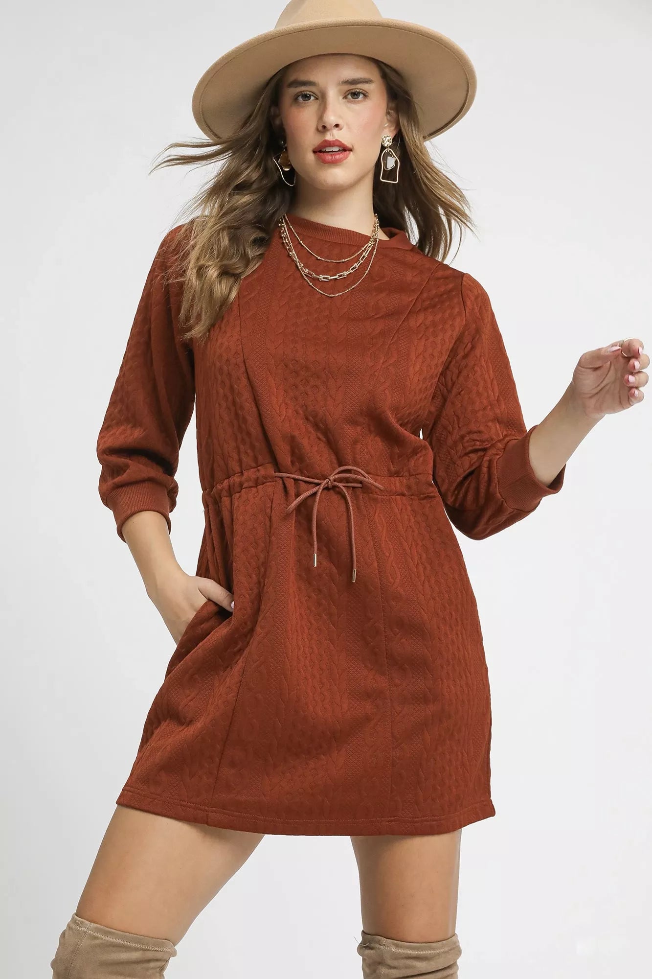 Umgee Drawstring Cable Knit Mini Dress with Pockets - Sydney So Sweet