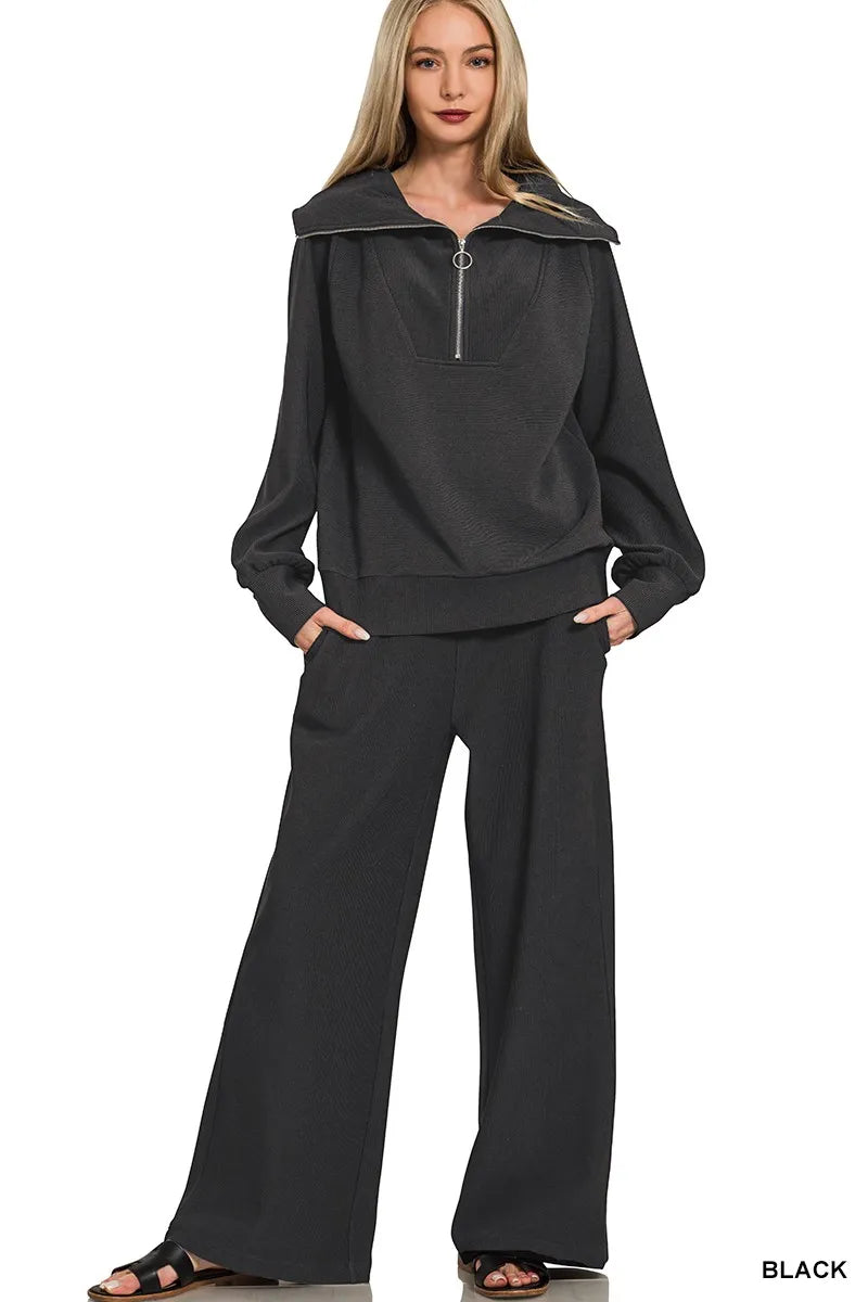 Zenana Ribbed High Neck Half Zip Pullover & Pants Set - Sydney So Sweet