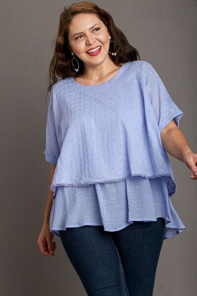 Umgee Full Size Eyelet Layered Short Sleeve Blouse Plus Size - Sydney So Sweet