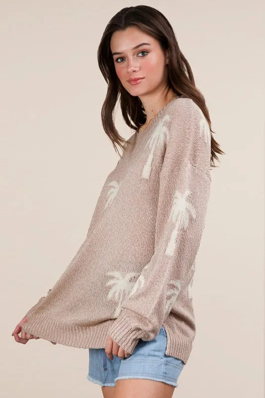 VERY J Palm Tree Graphic Oversized Knit Sweater - Sydney So Sweet