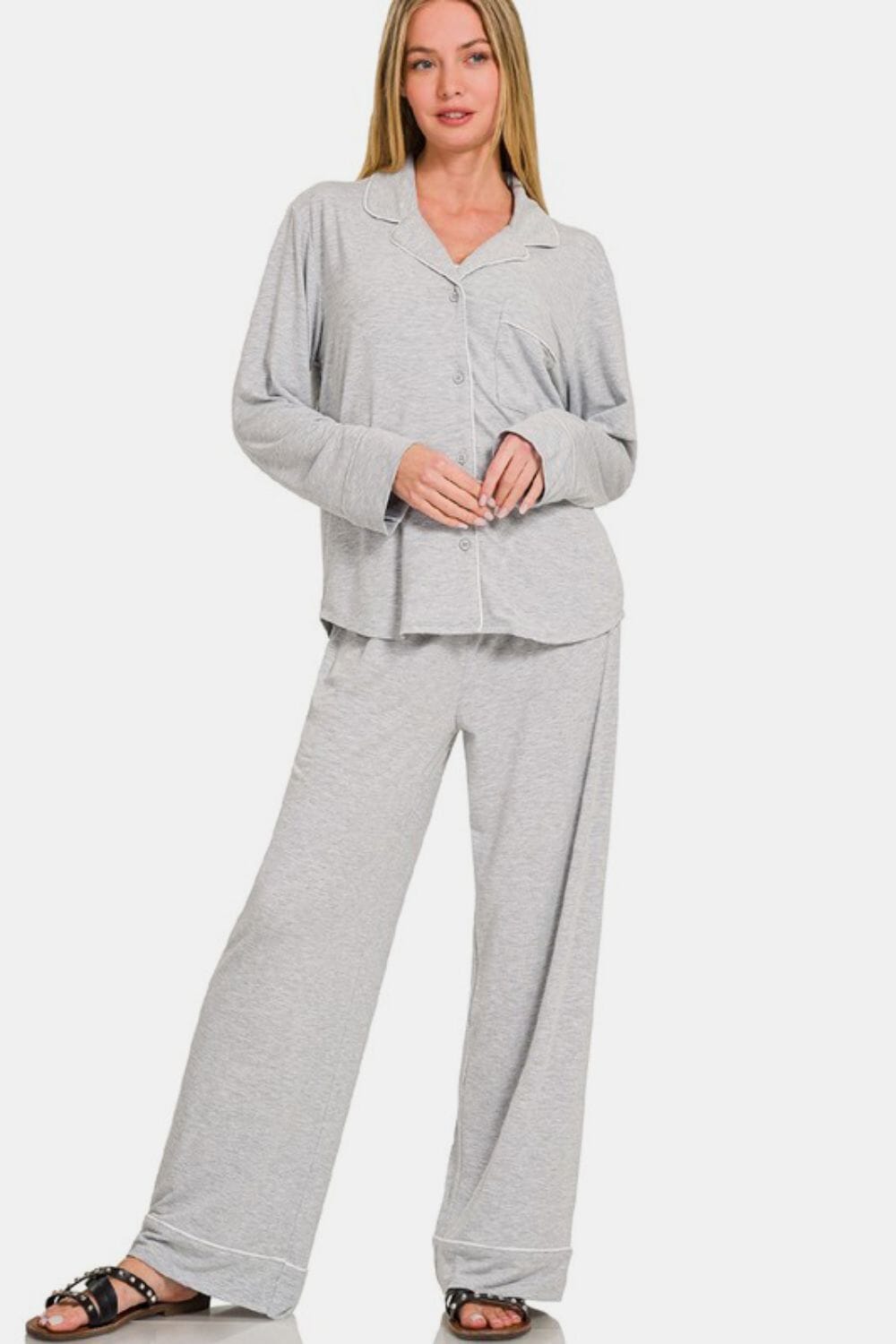 Zenana Button Down Long Sleeve Top and Pants Lounge Set - Sydney So Sweet