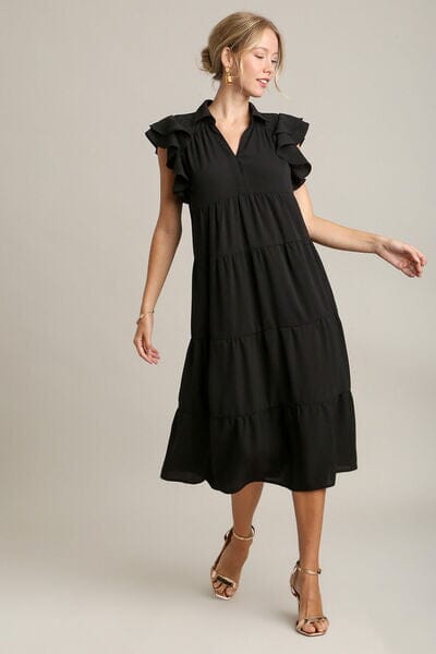 Umgee Full Size Johnny Collar Ruffle Cap Sleeve Tiered Dress Plus Size - Sydney So Sweet