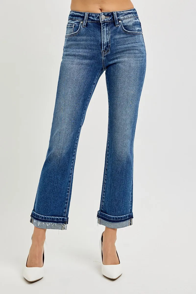 RISEN Mid Rise Ankle Straight Cuffed Jeans - Sydney So Sweet