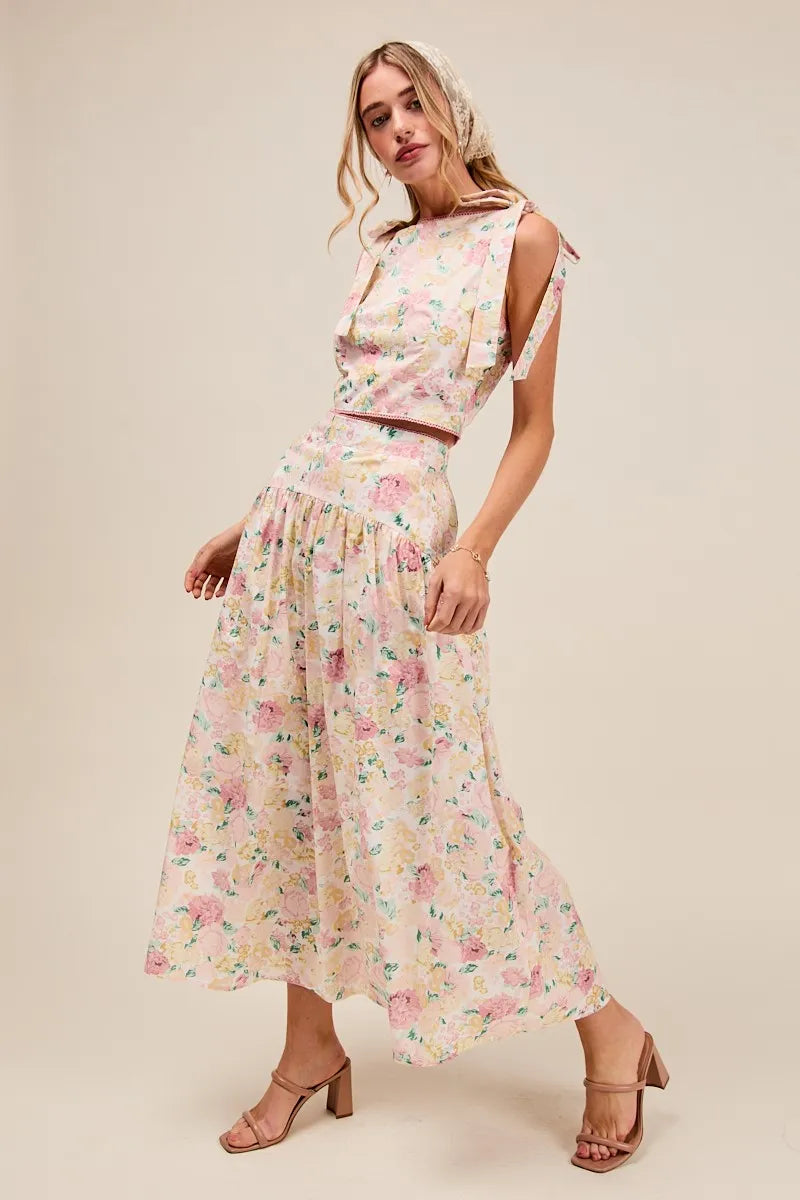 SO ME Floral Printed Woven Shoulder Bow Tie Top and Skirt Set - Sydney So Sweet
