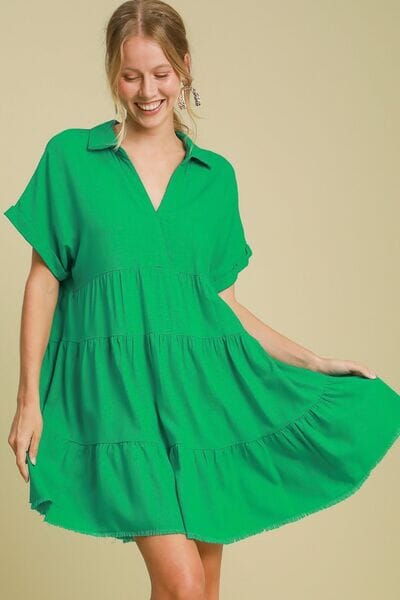 Umgee Full Size Raw Hem Folded Sleeve Tiered Dress Plus Size - Sydney So Sweet