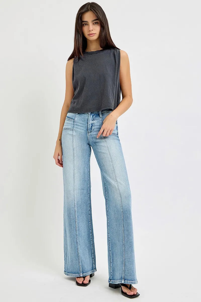 RISEN Full Size Mid Rise Wide Jeans with Front Patch Pocket Plus Size - Sydney So Sweet