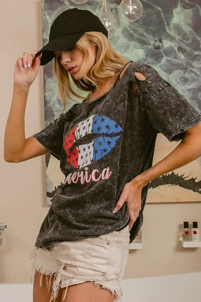 BiBi Laser Cut Mineral Washed Old Glory Lip Print Top - Sydney So Sweet