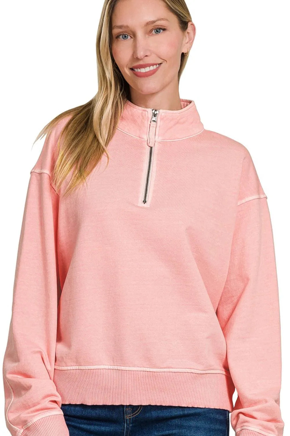 Zenana F/terry Pigment Dye & Enzyme Washing Half Zip Top - Sydney So Sweet