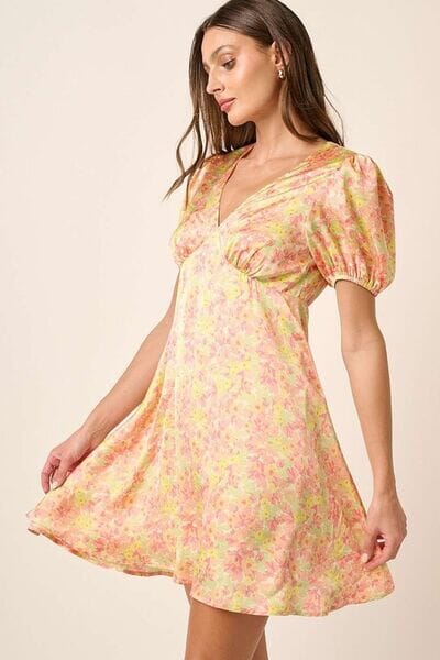 Mittoshop Printed V-Neck Puff Sleeve Mini Dress - Sydney So Sweet
