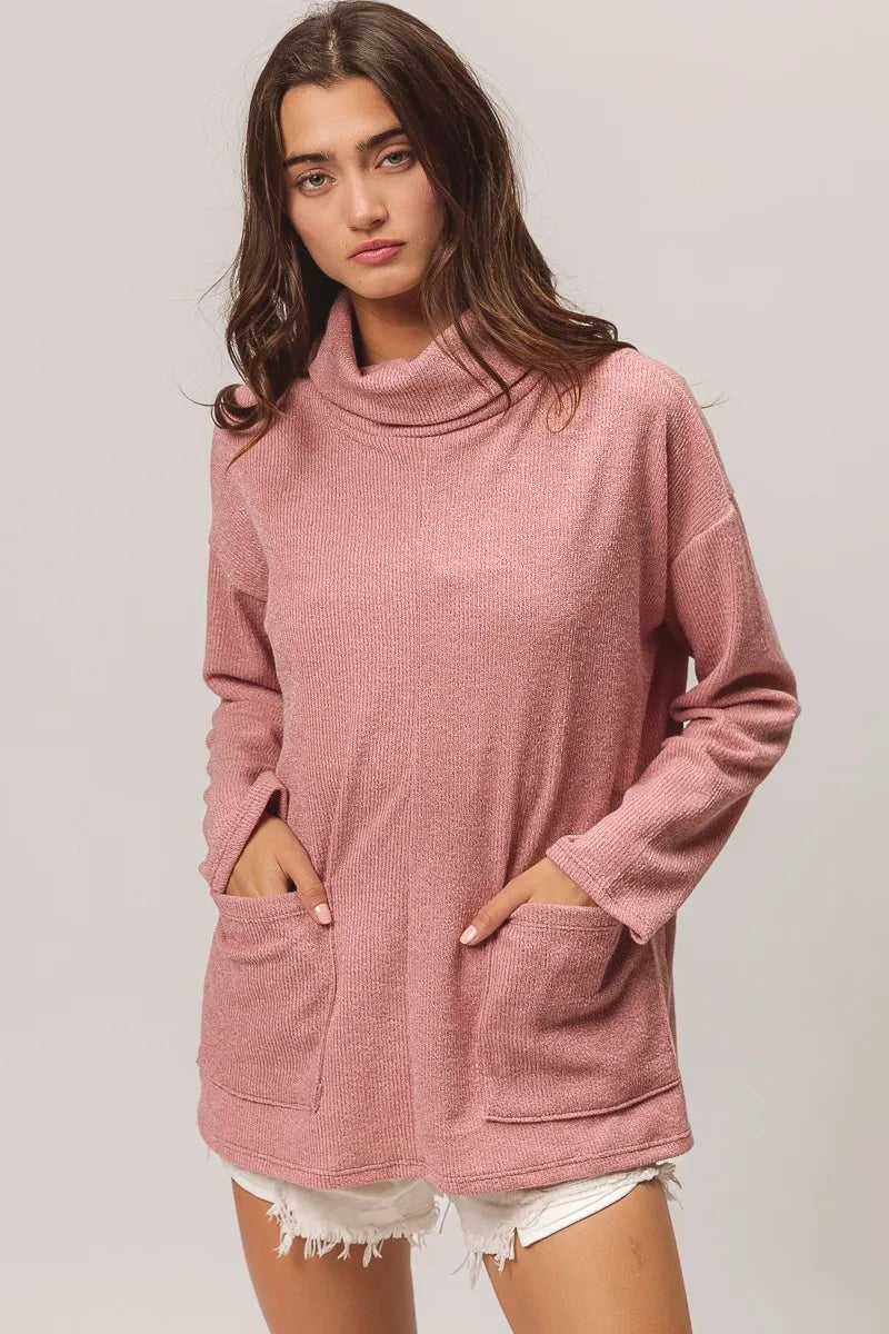BiBi Piper Rib Double Pocket Turtle Neck Sweater - Sydney So Sweet