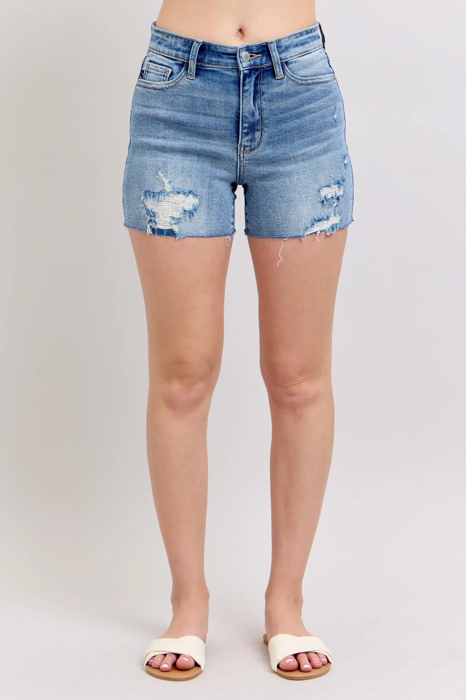 Judy Blue Full Size High Waist Denim Shorts W/stitch Over Destroy Detail Plus Size - Sydney So Sweet