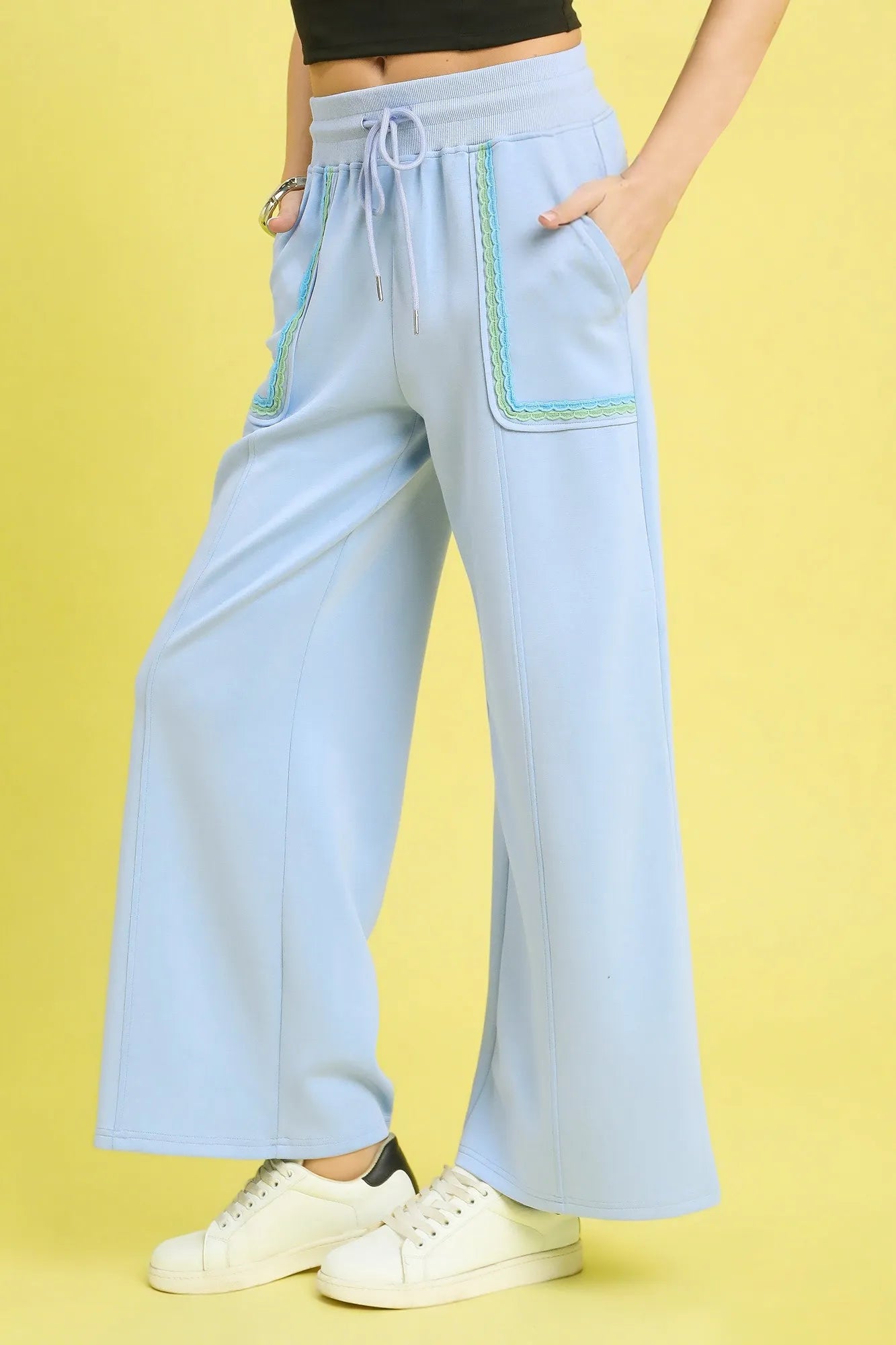 Umgee Drawstring Wide Leg Pants with Scallop Trim Detail - Sydney So Sweet