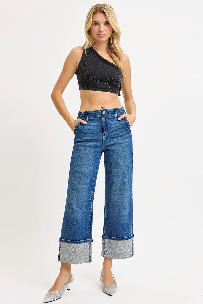 RISEN High Rise Ankle Wide Rhine Stone Cuffed Jeans - Sydney So Sweet