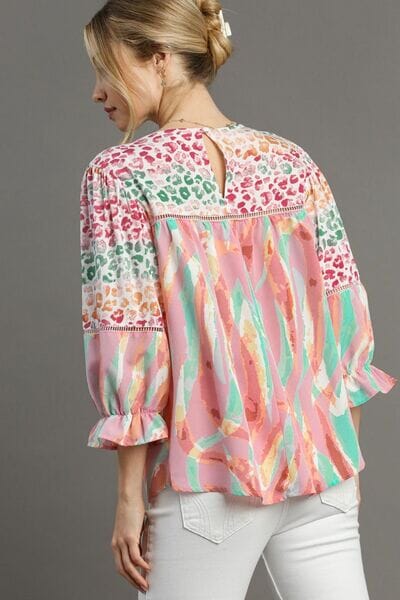 Umgee Full Size Mixed Print Lace Trim Top Plus Size - Sydney So Sweet