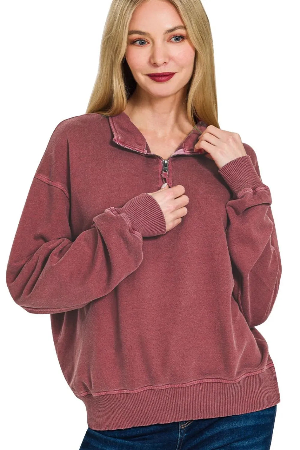 Zenana F/terry Pigment Dye & Enzyme Washing Half Zip Top - Sydney So Sweet