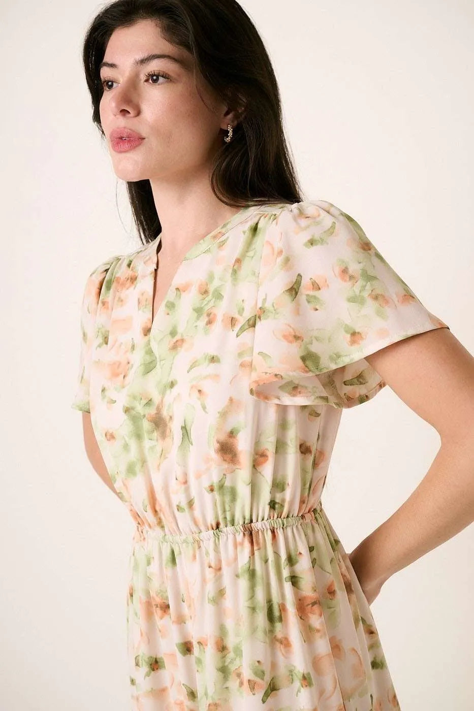 Mittoshop Flower Print Flutter Sleeve V Slit Maxi Dress - Sydney So Sweet