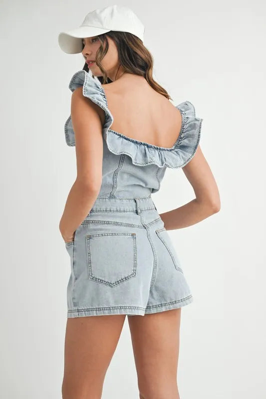 MABLE Off Shoulder Ruffle Detail Denim Romper - Sydney So Sweet