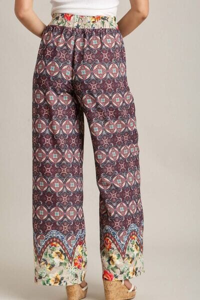 Umgee Full Size Mixed Print Elastic Waistband Pants Plus Size - Sydney So Sweet
