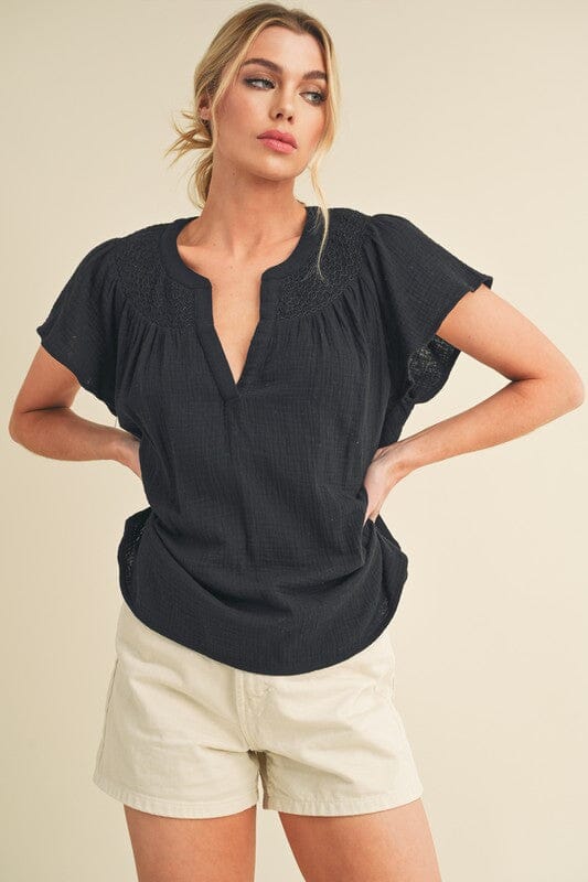 Aemi + Co Embroidered Trim Side Slit Notched Short Sleeve Blouse - Sydney So Sweet