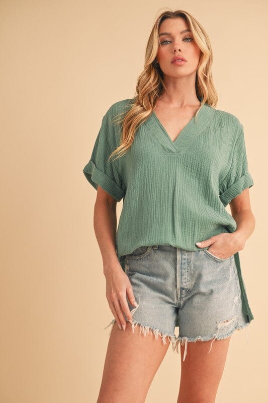 Aemi + Co Side Slit V-Neck Short Sleeve Blouse - Sydney So Sweet