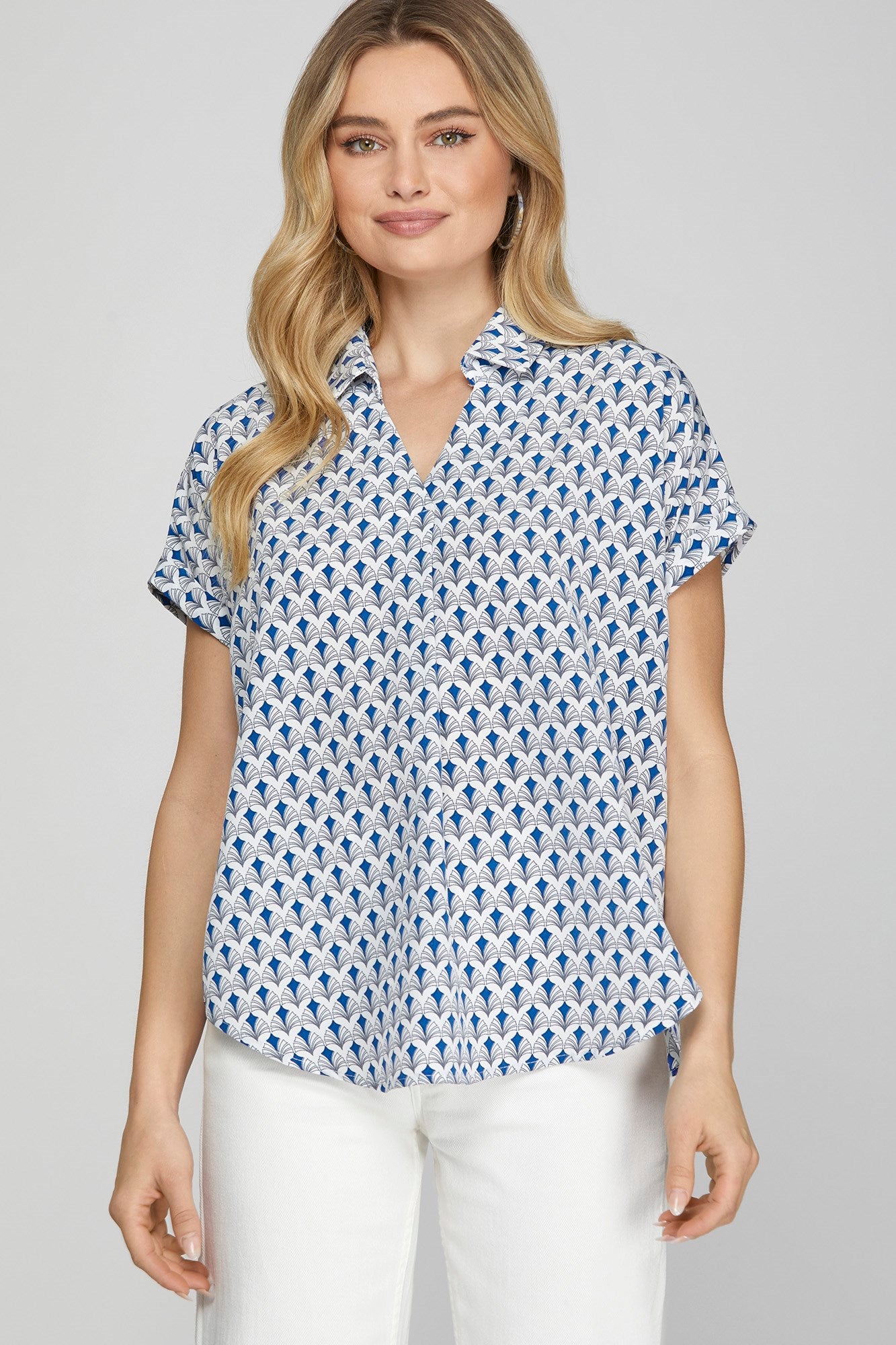 She + Sky Full Size Printed Johnny Collar Short Sleeve Blouse Plus Size - Sydney So Sweet