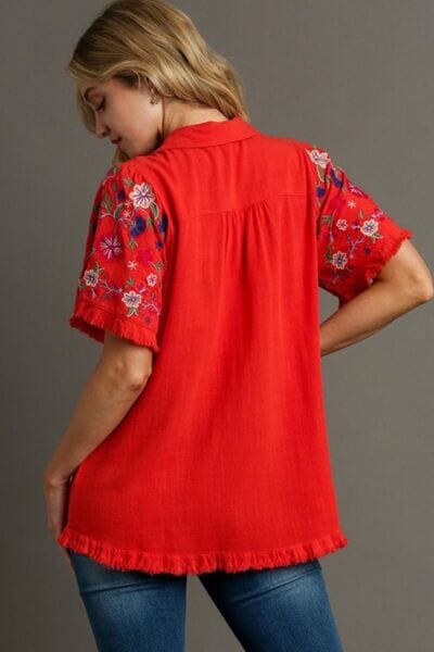 Umgee Full Size Linen Shirt with Embroidered Sleeves Plus Size - Sydney So Sweet