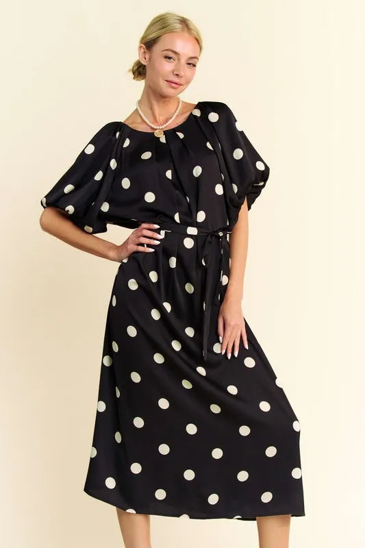 Davi & Dani Polka Dot Puff Sleeves Waist Tie Midi Dress - Sydney So Sweet