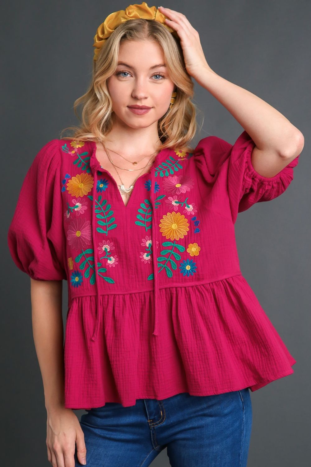 Umgee Full Size Cotton Gauze Floral Embroidery Babydoll Blouse Plus Size - Sydney So Sweet