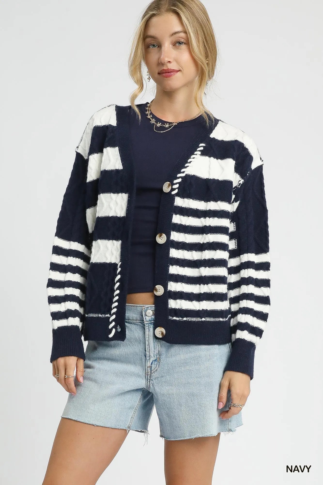 Umgee Cable-Knit Stripe Button-Up Cardigan - Sydney So Sweet