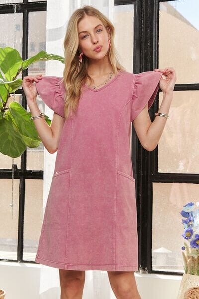 ADORA Mineral Washed V-Neck Ruffled Cap Sleeve Dress - Sydney So Sweet