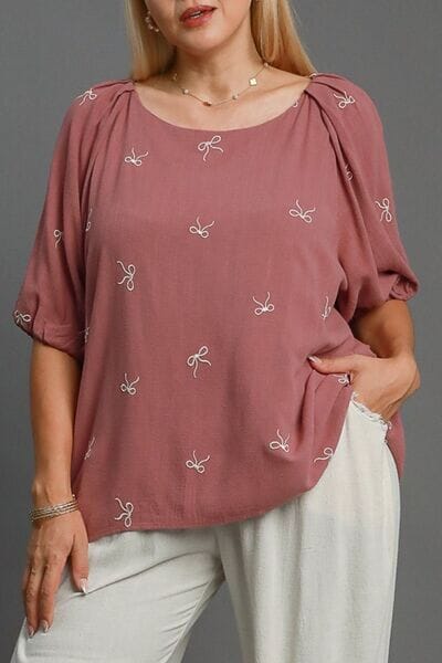 Umgee Full Size Linen Blend Ribbon Embroidered Top Plus Size - Sydney So Sweet