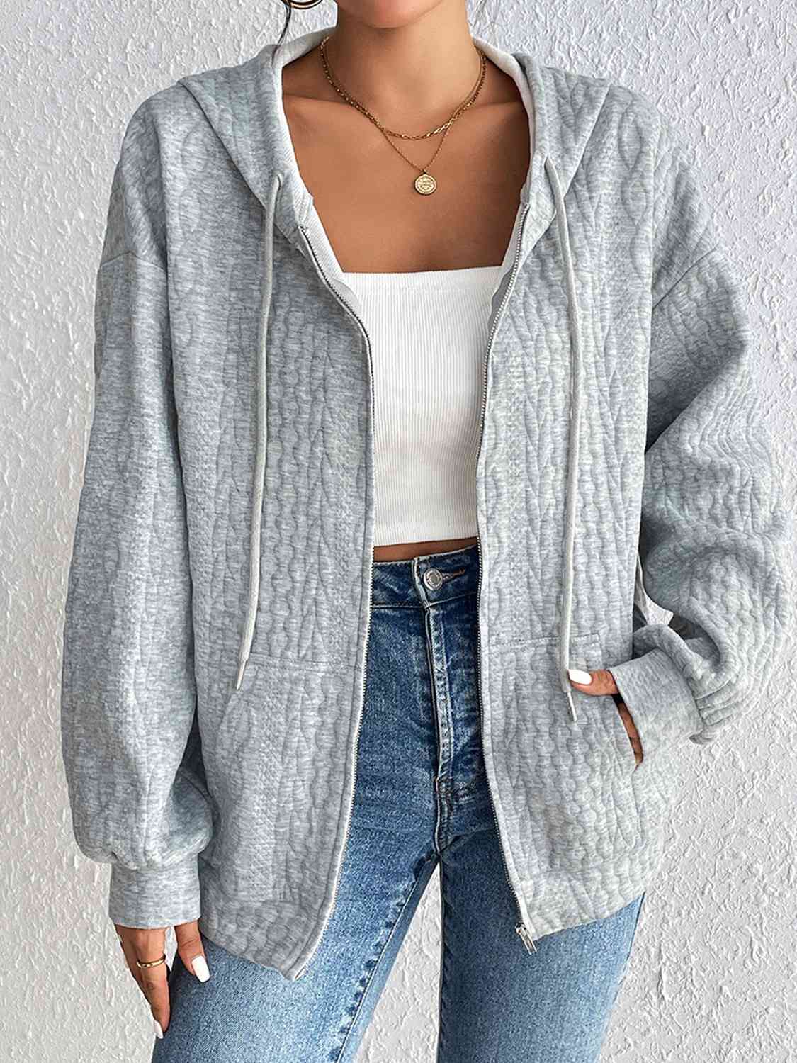 Zip Up Drawstring Long Sleeve Hoodie with Pockets - Sydney So Sweet