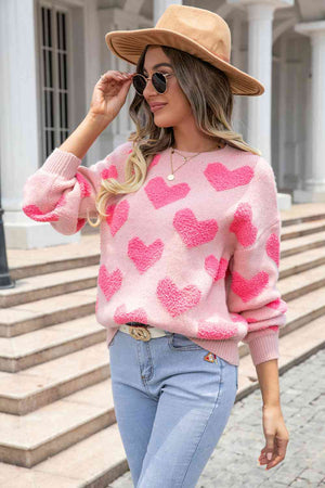 Round Neck Dropped Shoulder Heart Sweater - Sydney So Sweet