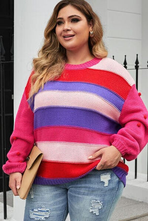 Plus Size Color Block Pom-Pom Trim Sweater - Sydney So Sweet