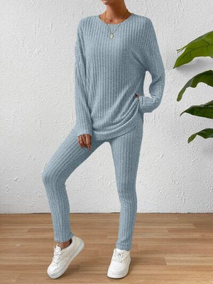 Ribbed Round Neck Top and Pants Set - Sydney So Sweet