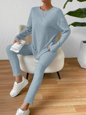 Ribbed Round Neck Top and Pants Set - Sydney So Sweet