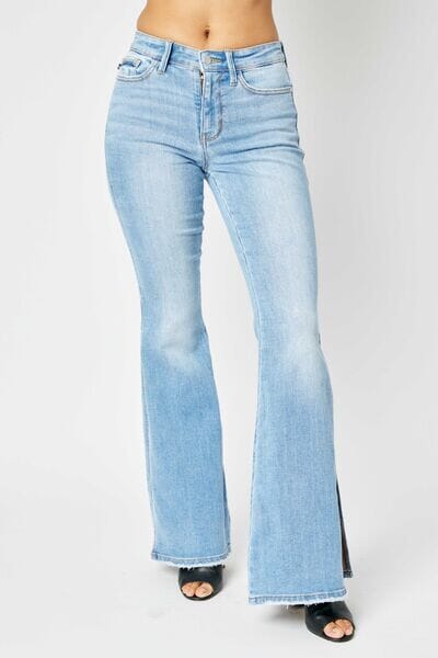 Judy Blue Full Size Mid Rise Raw Hem Slit Flare Jeans - Sydney So Sweet