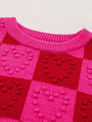 Plaid Hot Pink & Red Heart Round Neck Sweater - Sydney So Sweet