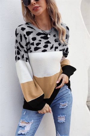 Color Block Round Neck Lantern Sleeve Animal Print Sweater - Sydney So Sweet